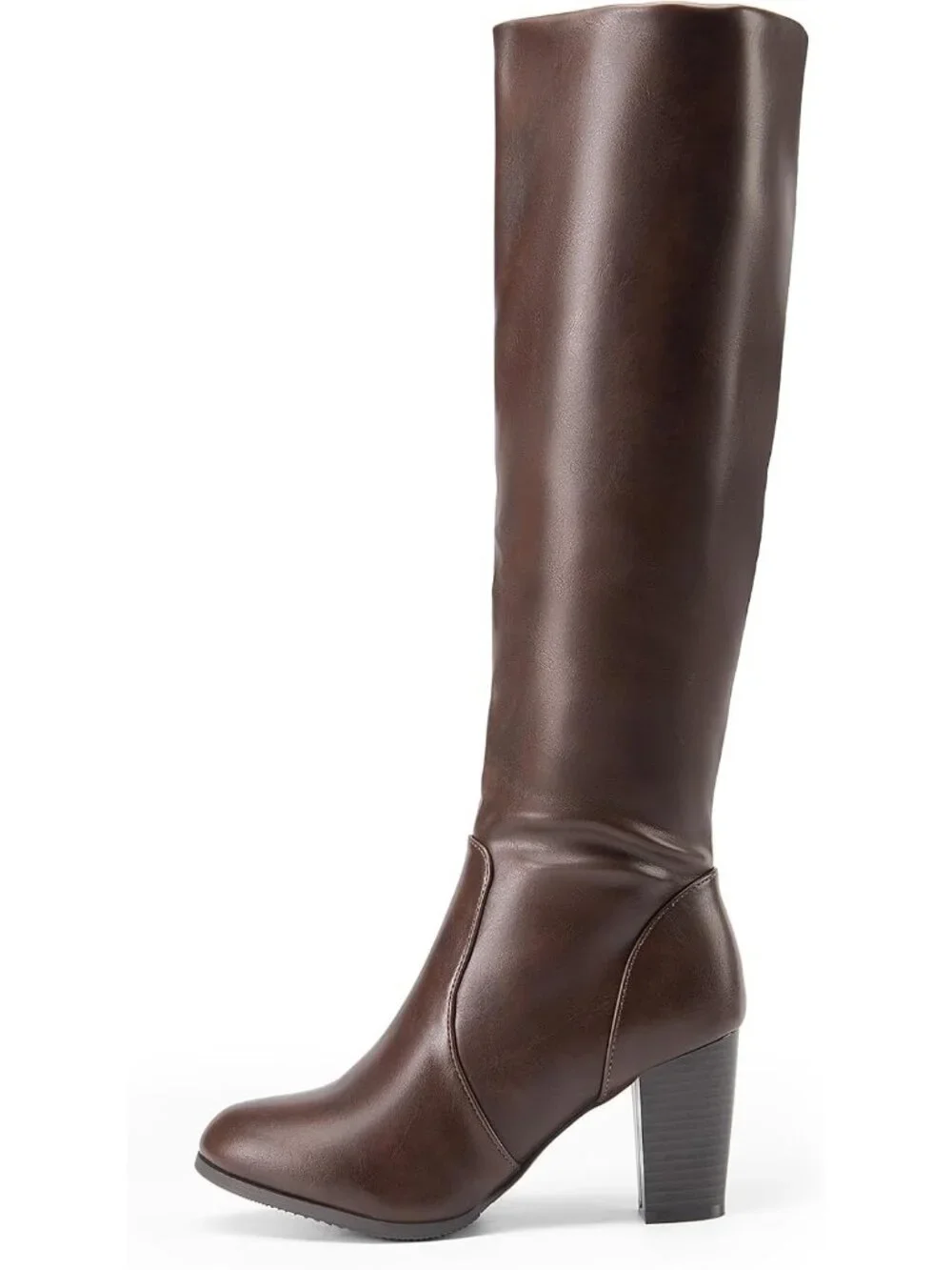 Women's Brown Pu Faux Fur Lined Square Toe Side Zipper Knee High Riding Boots